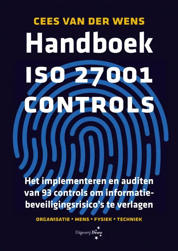 Donkerblauw handboek iso cover met prominente vingerafdruk en tekst over iso 27001 controls voor informatiebeveiliging