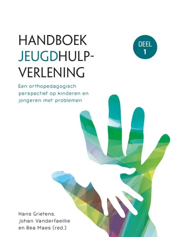 De cover van het handboek jeugdhulpverlening deel 1 van acco uitgeverij toont gestileerde handen in groenblauwe geometrische patronen