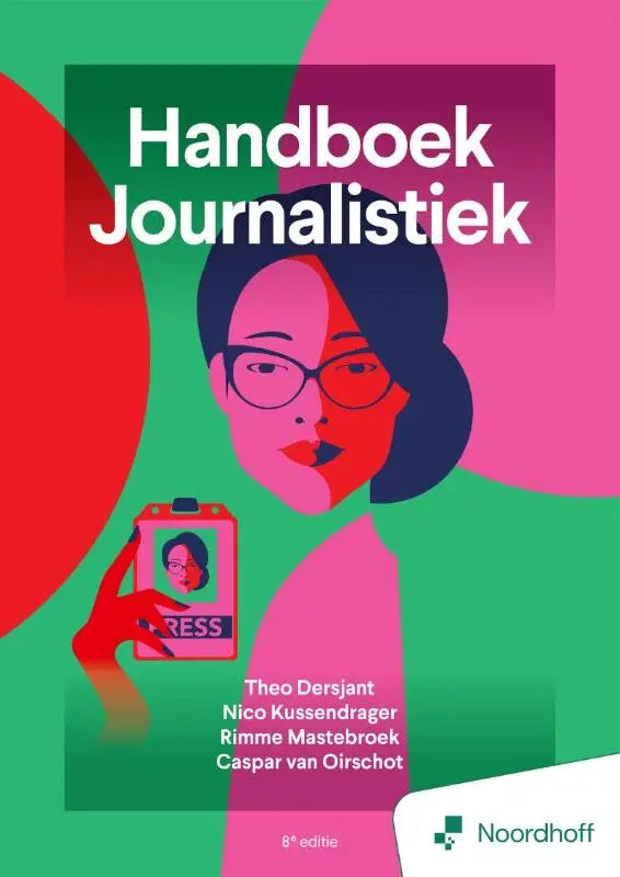 Vibrant illustrated book cover for handboek journalistiek 8e editie featuring a stylized woman holding a press id badge