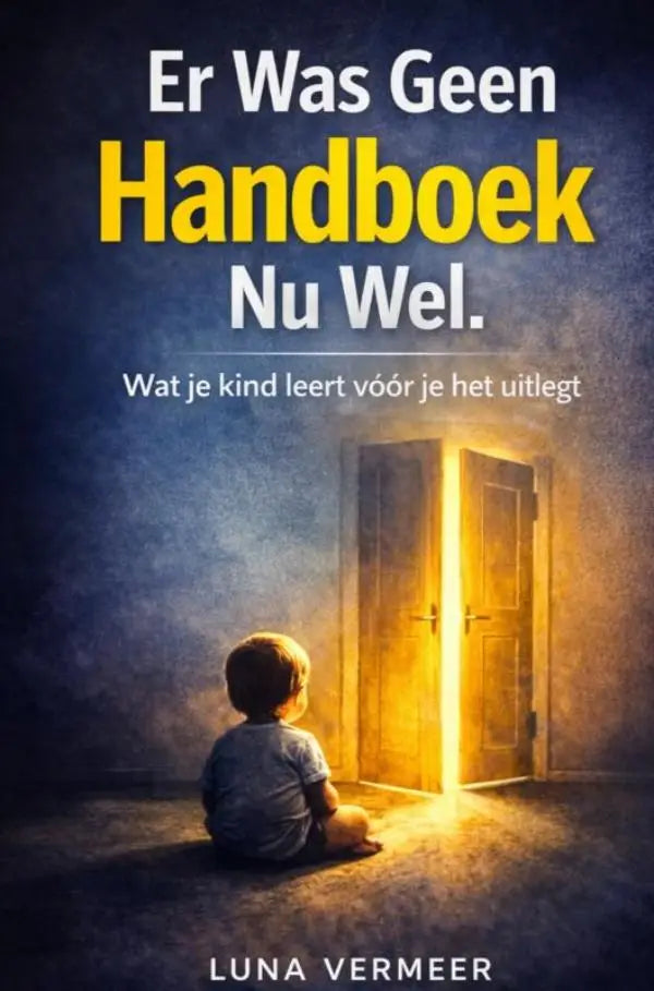Boekcover met kind voor een open deur met gouden licht en de titel er was geen handboek nu wel wat je kind leert vóór