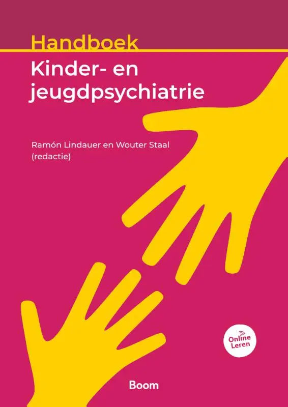 Vibrante magenta cover met gele handen van handboek kinder- en jeugdpsychiatrie door ramón lindauer en wouter staal uitgegeven door koninklijke boom uitgevers