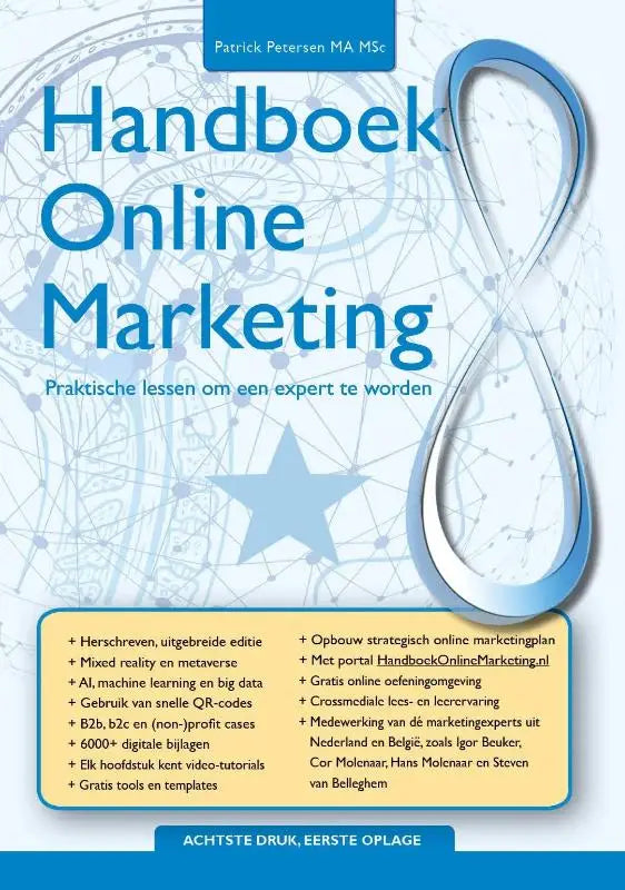 Blauw-witte cover van het handboek online marketing 8 van patrick petersen met gestileerd oneindigheidssymbool