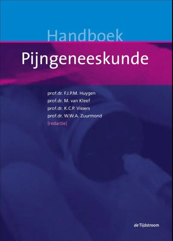 De cover van het handboek pijngeneeskunde door koninklijke boom uitgevers met een blauw naar magenta verloop en medisch abstract beeld
