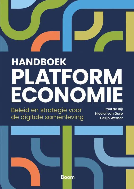 De cover van het handboek platformeconomie toont een modern ontwerp met witte tekst op blauw voor de digitale samenleving