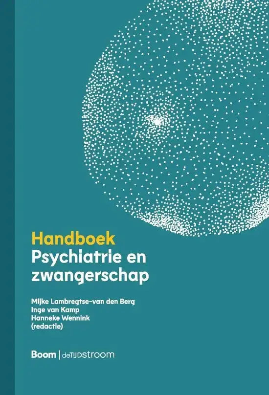 Teal handboek psychiatrie hardcover met witte stippen en gele titel over psychiatrie en zwangerschap