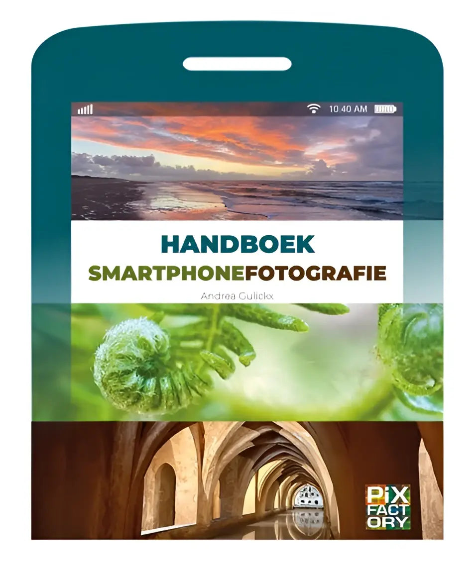Teal gekleurd handboek smartphonefotografie met omslag van levendige zonsondergang, groene varens en een gebogen tunnel
