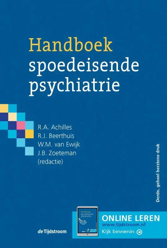 Blauw hardcover handboek spoedeisende psychiatrie met witte en gele tekst van r.a. voor spoedeisende psychiatrie