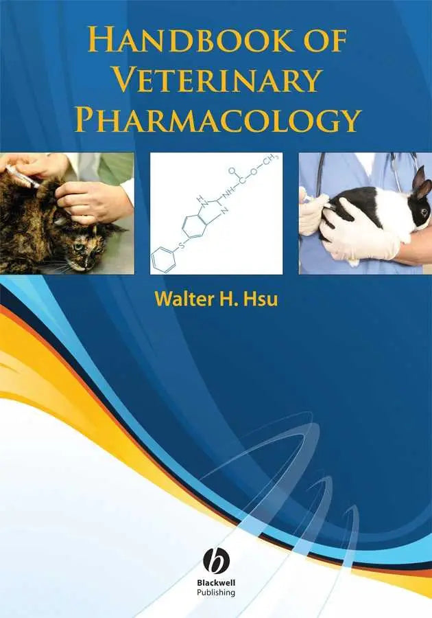 De voorzijde van het handboek veterinary pharmacology door walter h met een blauw en witte omslag voor dierenartsgebruik