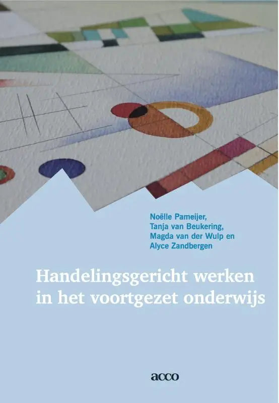 De omslag van het boek handelsgericht werken in het voortgezet onderwijs toont een abstract modern ontwerp met geometrische vormen in gedempte groene, blauwe, oranje en paarse tinten op gestructureerd papier