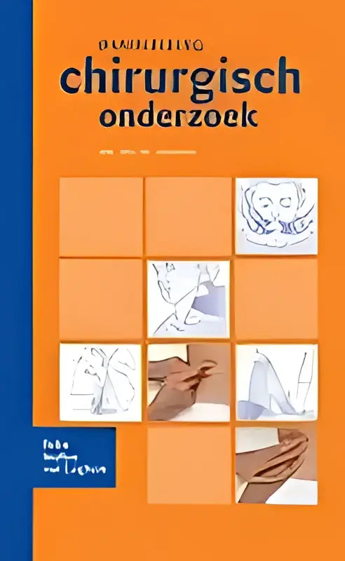 De cover van handleiding chirurgisch onderzoek toont een grid met oranje en witte panelen en medische illustraties