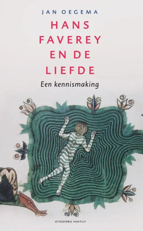 Het boek hans faverey en de liefde door jan oegema uitgeverij vantilt toont een figuur in groen-witte strepen in een teal labyrint