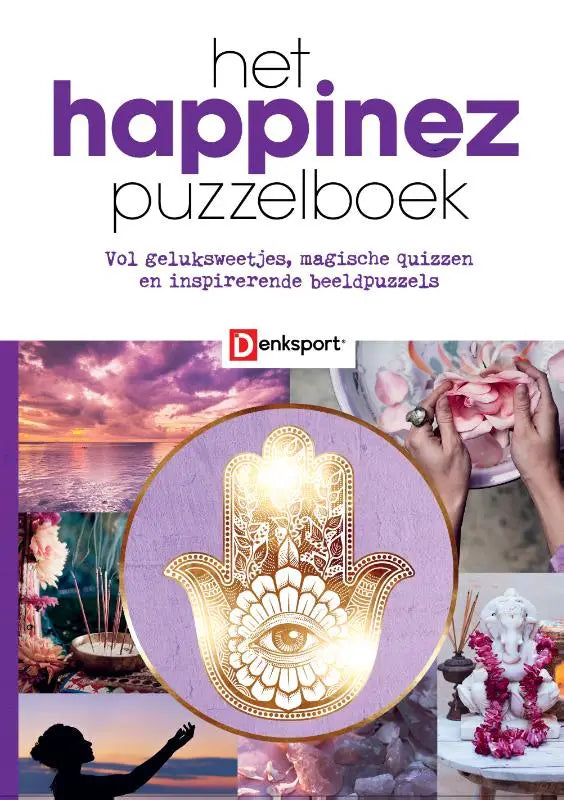Een gouden hamsa hand met filigrain en oogmotief op lavendelkleurige achtergrond in het happinez puzzelboek