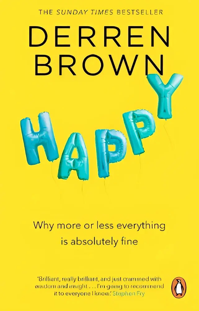 Het boek happy van derren brown heeft een felgele omslag met blauwe ballonletters en behandelt populaire psychologie