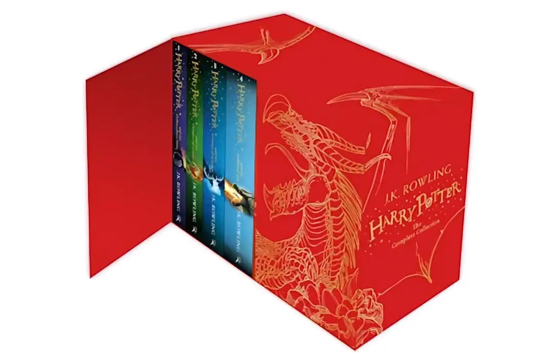 Rood harry potter complete box set met gouden draakillustratie en witte auteursnaam voor kinderen hardback collectie