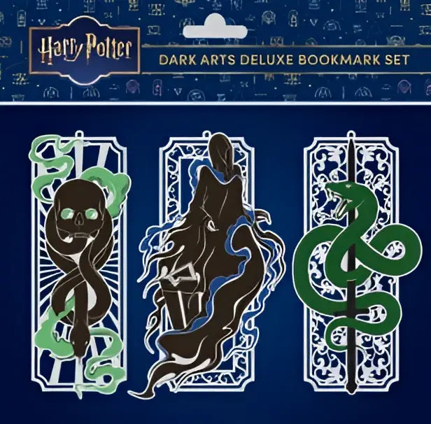 Harry potter dark arts deluxe bookmark set met drie zwarte en groene bookmarks met iconische symbolen uit de serie