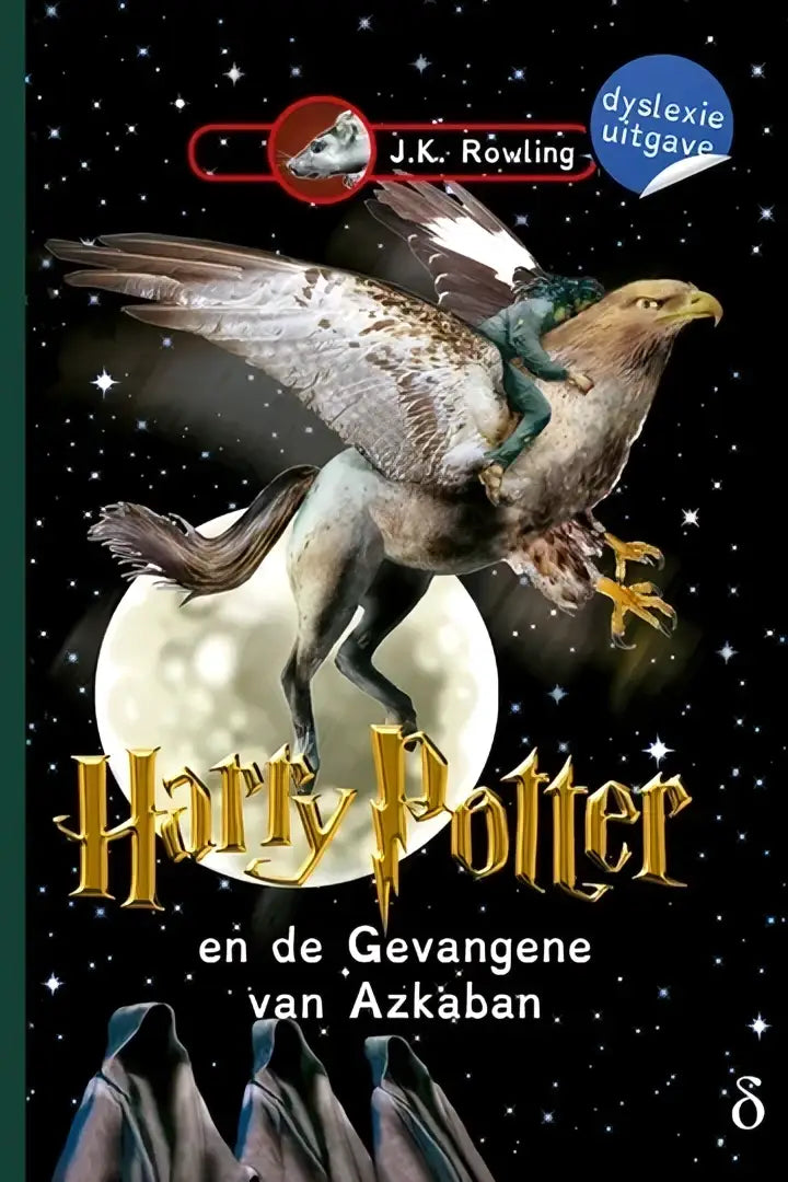 De cover van harry potter en de gevangene van azkaban dyslexie versie toont een gouden, gestileerde titel met Nederlandse ondertitel