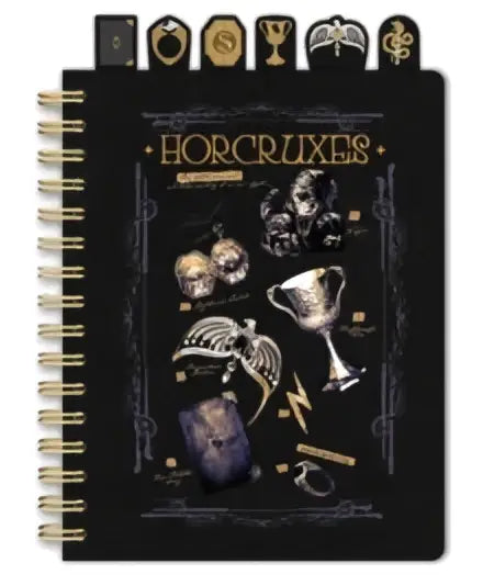Zwart Harry Potter horcruxes spiraalnotitieboek met goudfolie accenten en illustraties van magische artefacten