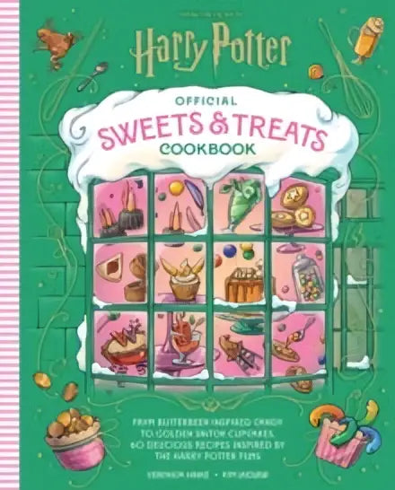 Dit is de officiële harry potter sweets and treats kookboek met een groene omslag en roze witte dessertillustraties