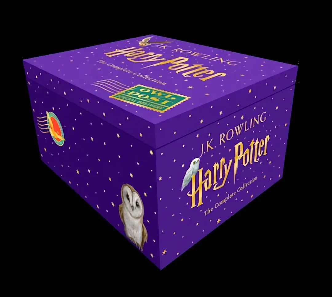 Paarse harde kaft owl post box set met gouden harry potter logo en uilillustraties voor kinderen