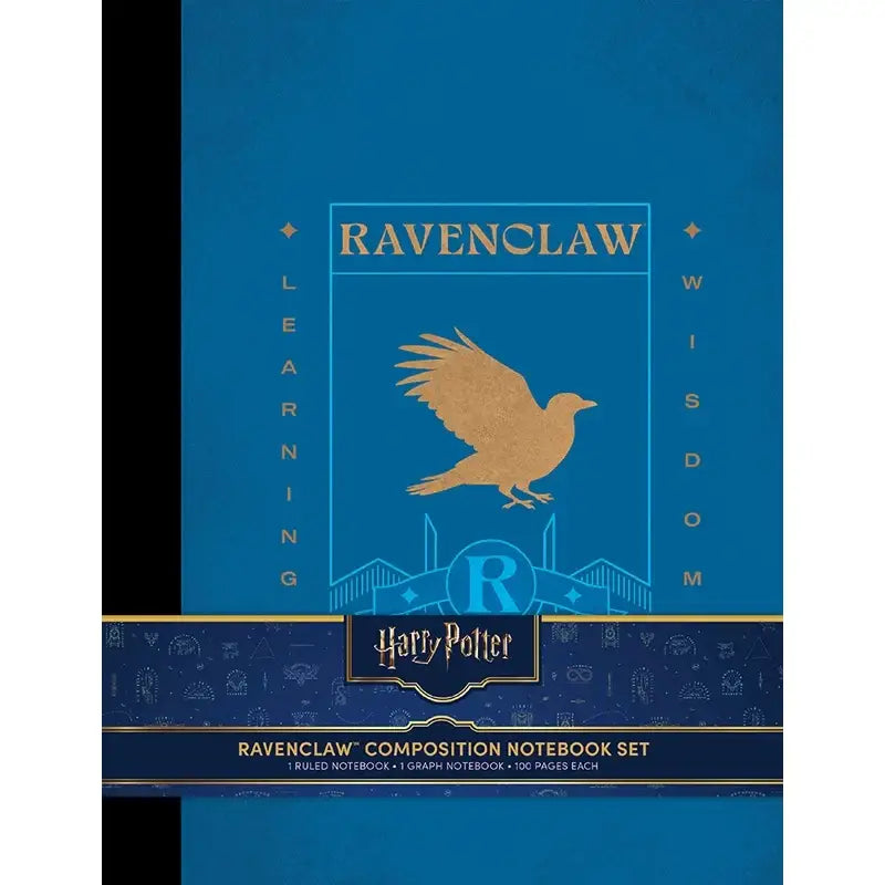 Harry potter ravenclaw notebook set met blauwe kaft goudfolie details en centrale raven-embleem