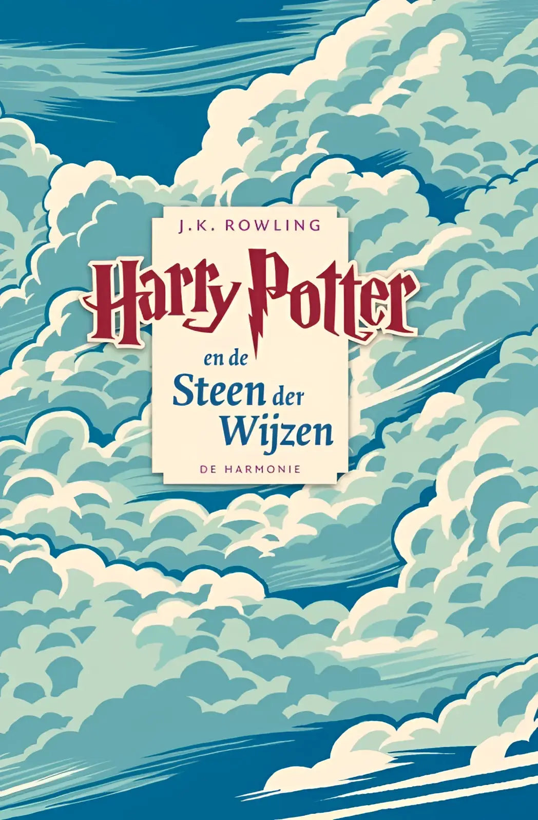 Harry potter en de steen der wijzen boekcover met gestileerde blauwe en witte wolken en titel in rode serif lettertype