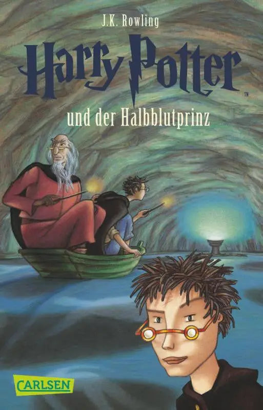 Harry potter und der halbblutprinz boekomslag met albus dumbledore in rode mantel die met harry roept en toverstokken vasthoudt
