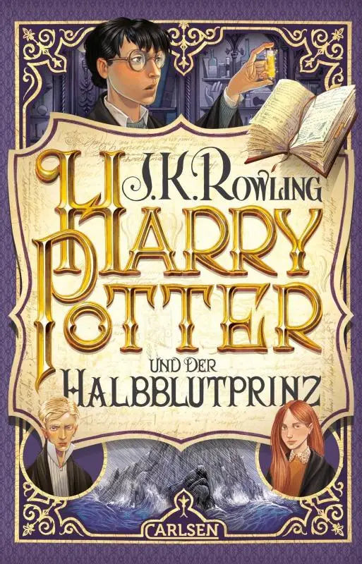 Gouden reliëf titel op vintage boekomslag van harry potter und der halbblutprinz kinderboek voor 10+ jaar
