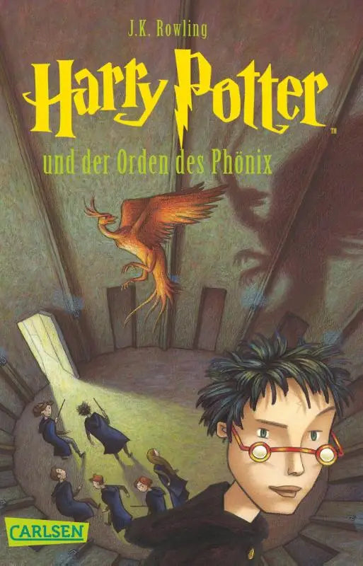 De Duitse editie van harry potter und der orden des phoenix met een levendige illustratie en goudgele letters op een donkere stenen achtergrond
