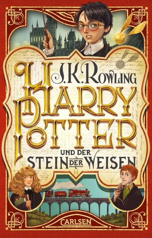 Gouden reliëf titel op een rood boekomslag van harry potter und der stein der weisen kinderboek klassieker