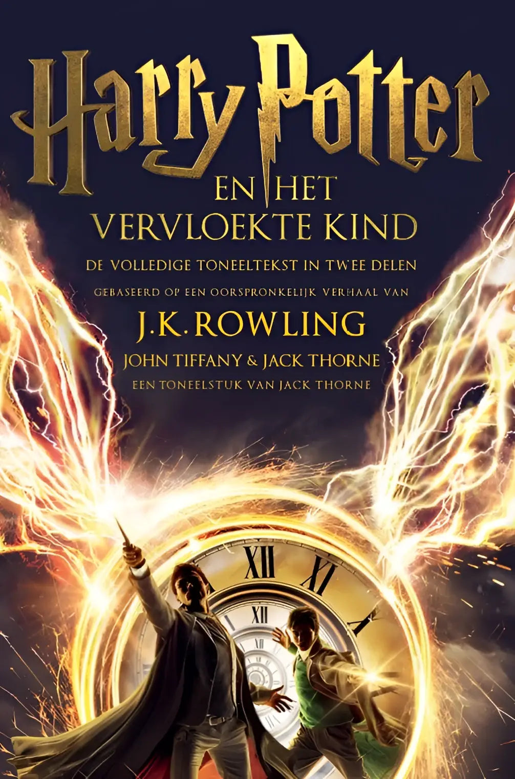 Golden-embossed harry potter title on dark blue cover of vervloekte kind deel featuring two characters before an ornate clock