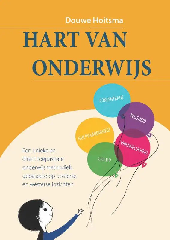 De boekcover hart van onderwijs toont een direct toepasbare onderwijsmethodiek met oranje achtergrond en kleurrijke ballonnen