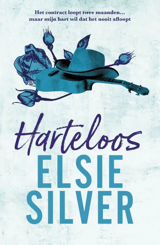 A teal-colored acoustic guitar with a hat resting on it surrounded by stylized blue roses for elsie silver reeks chestnut springs harteloos