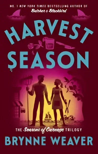 Boekcover van harvest season met gestileerde silhouetten die hand in hand houden op roze paarse achtergrond voor persoonlijke groei