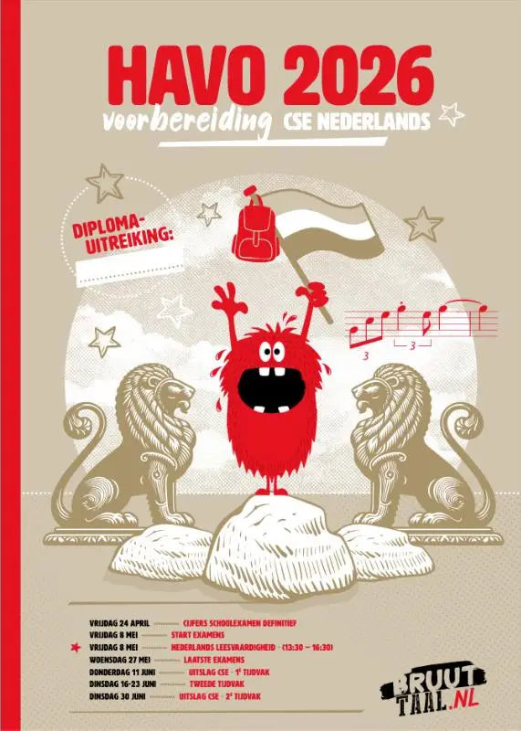 Rood pluizig cartoonfiguur met grote ogen staat op stenen voetstuk tussen gouden leeuwen voor voorbereiding cse nederlands