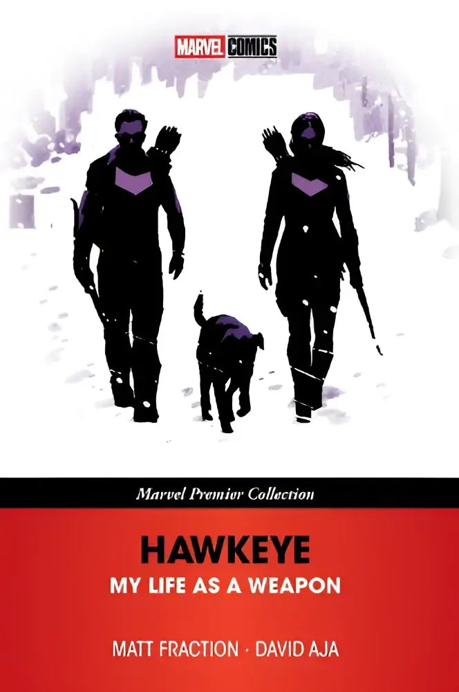 Cover van marvel premier collection graphic novel hawkeye my life as a weapon met zwarte silhouetten in de sneeuw