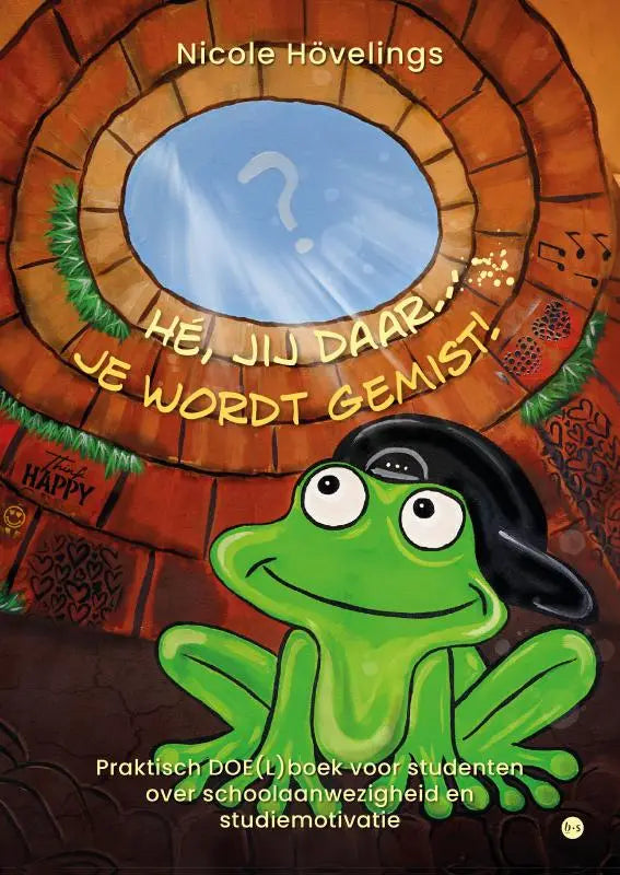 Een groene cartoonkikker met een zwarte pet zit voor een boogvormige bakstenen deur met een blauwe lucht en vraagteken, geschikt voor jonge lezers