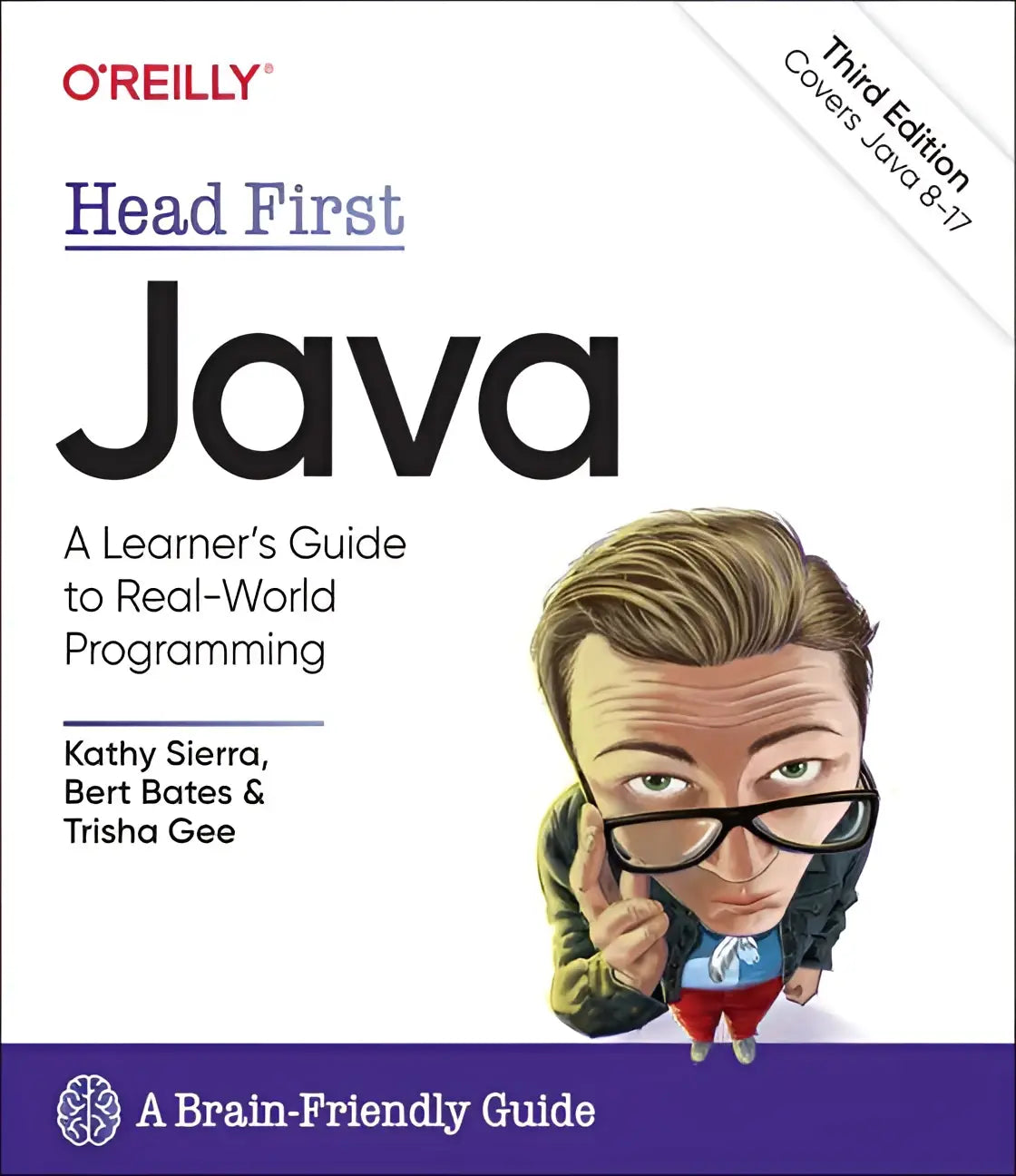 Head first java 3rd edition book cover featuring a cartoon man with glasses on white background for this book