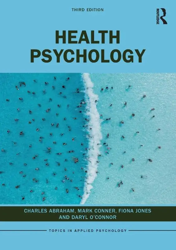Derde editie health psychology leerboek met turquoise omslag en luchtfoto van mensen in oceaan gesplitst door golf