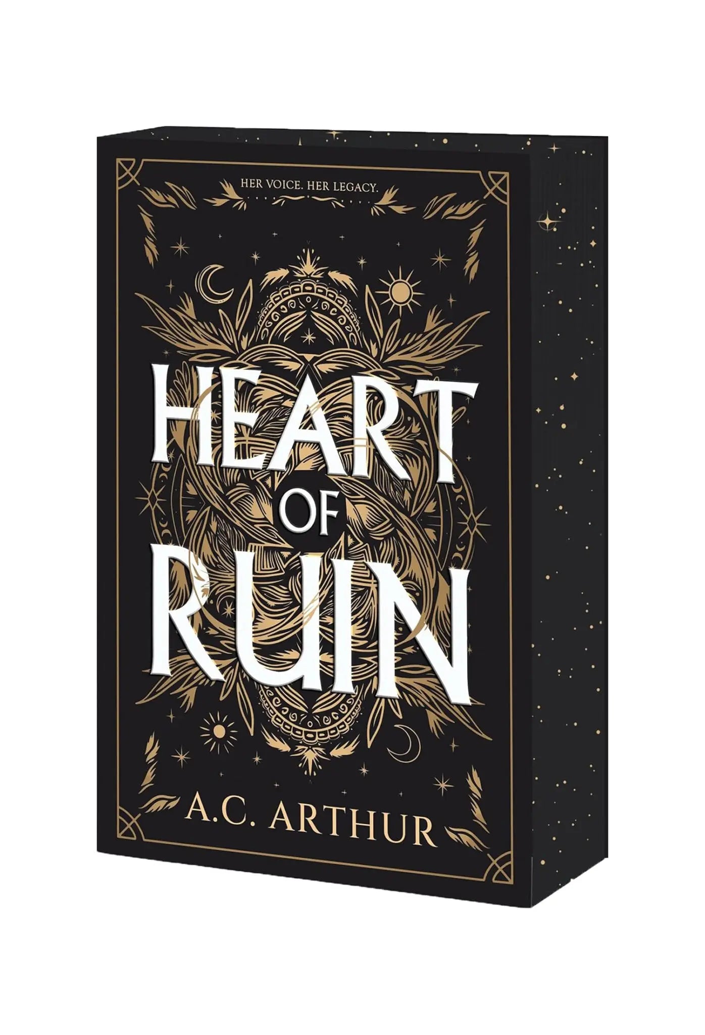 Black hardcover book heart of ruin by a.c. with gold foil detailing and white lettering deluxe limited edition