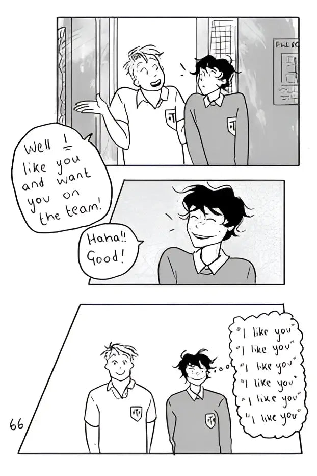 De comic strip in heartstopper volume 1 van alice oseman toont drie jonge mannen in schooluniformen in een engelstalige graphic