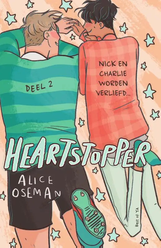 Cover heartstopper volume 2 boek van alice oseman met twee jongens in gestreepte shirts tegen sterrenhemel