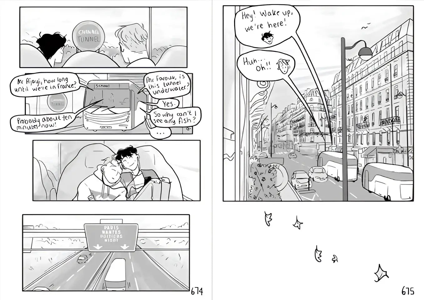 Zwartwit stripboekpanel van een cartoonkoppel in een auto met dialoog in heartstopper volume 3 van alice oseman engelstalige graphic