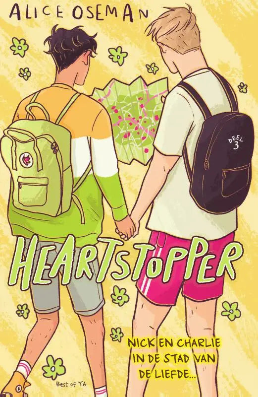 Zwart rugzak met witte geborduurde tekst deez en nummer 3 voorkant voor heartstopper volume 3 van alice oseman nederlandse graphic