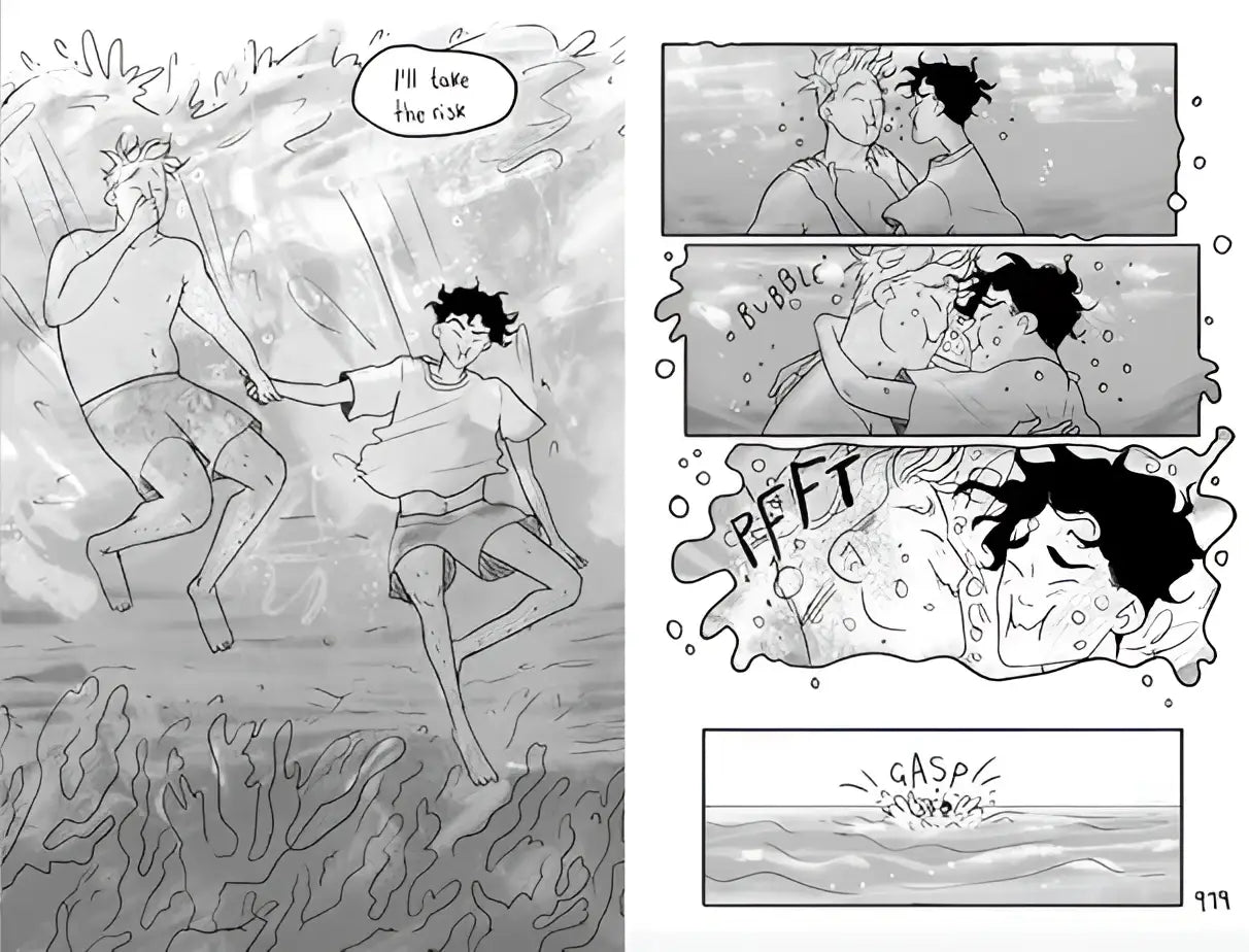 Zwart-wit illustratie uit heartstopper volume 4 van alice oseman toont twee personages die onder water zwemmen hand in hand in het vierde deel