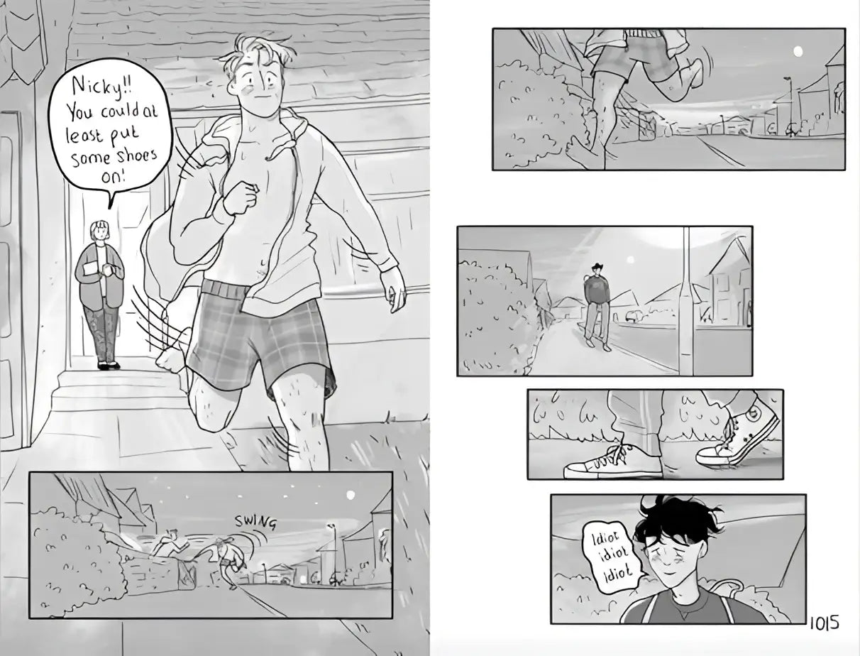 Zwart-wit illustratie uit heartstopper volume 4 van alice oseman toont personage in geruite shorts rennend naar beneden