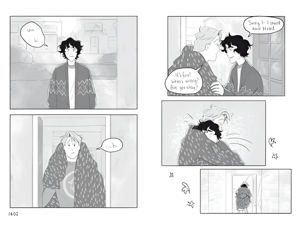 Black and white comic panel from heartstopper volume 5 by alice oseman featuring two characters in a cozy indoor scene