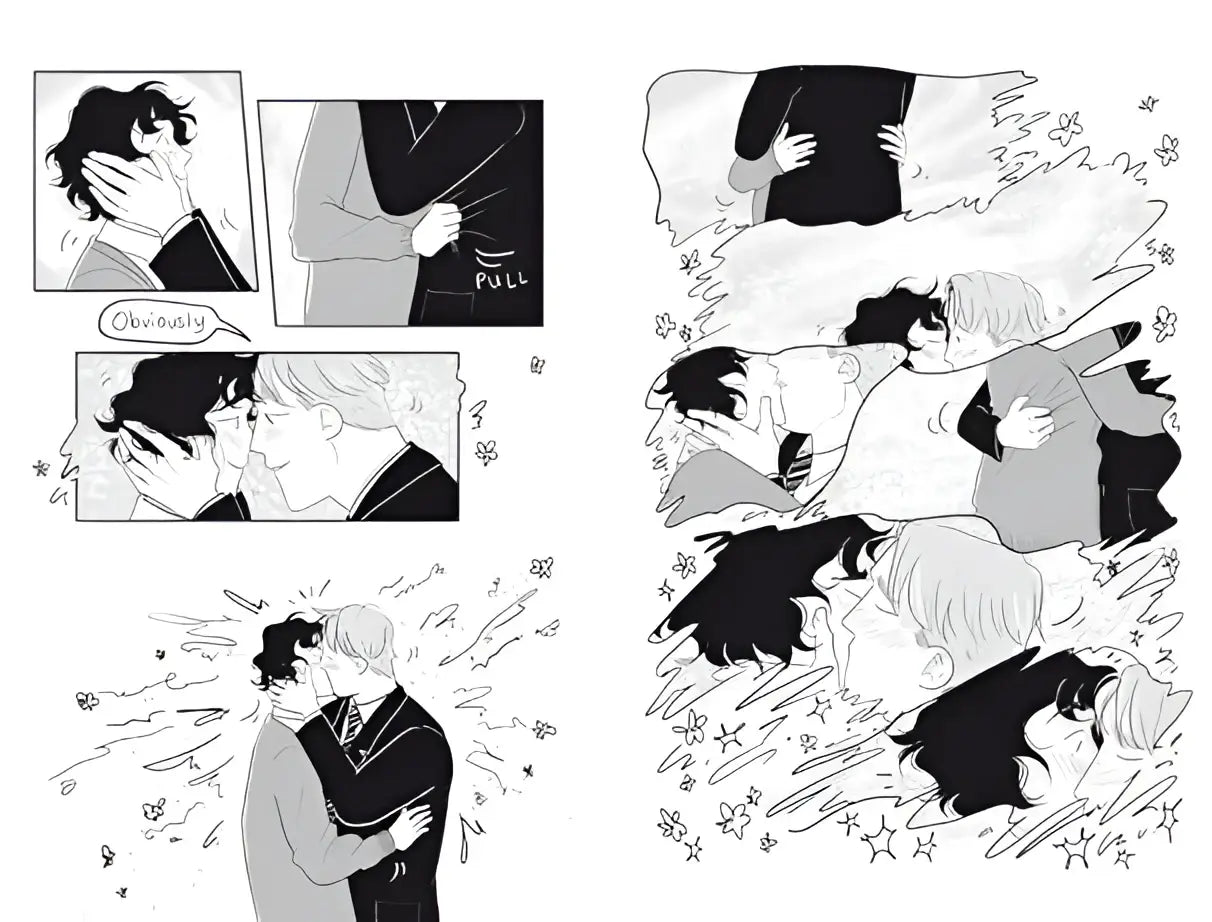 Black-and-white illustrated comic panels from heartstopper volume 5 by alice oseman showing lgbtq+ graphic novel romance in school uniforms