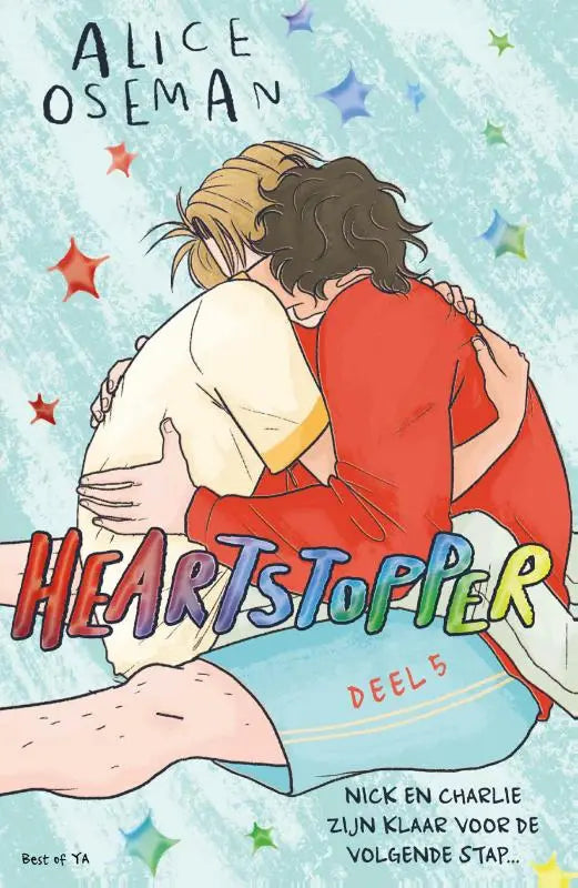The cover of heartstopper volume 5 nl by alice oseman shows an illustrated embrace in soft pastel colors for the lgbtq+ graphic novel