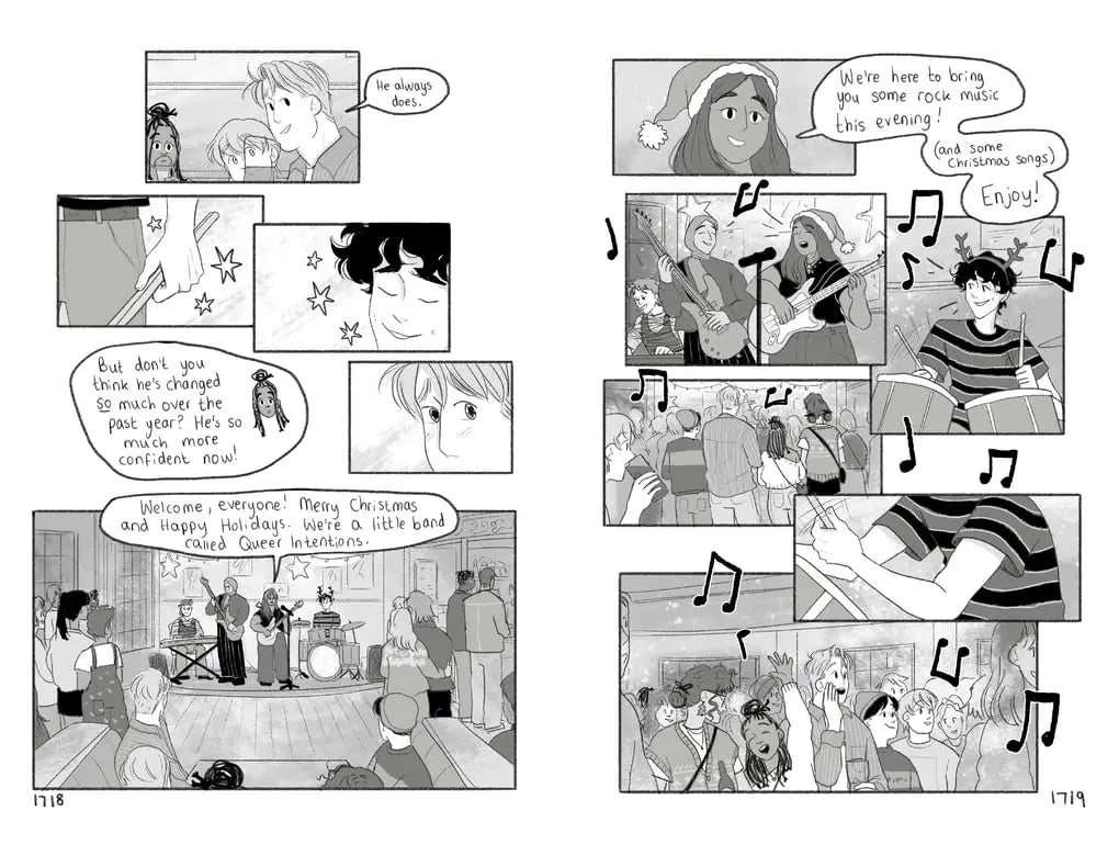 Zwart-wit stripboekpagina van heartstopper volume 6 door alice oseman toont band die kerstrock speelt voor publiek
