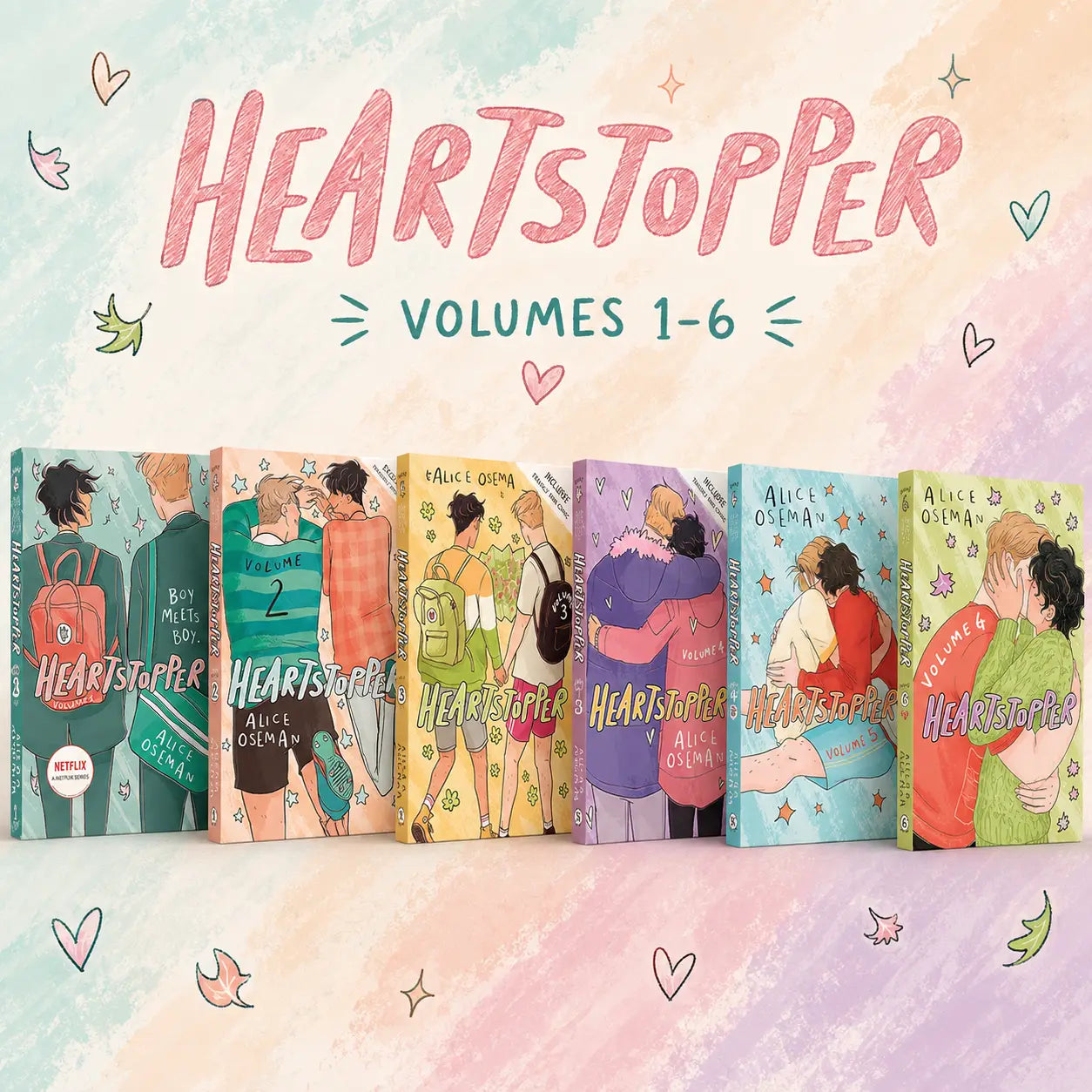 Set van zes paperback boeken heartstopper volumes 1-6 door alice oseman met kleurrijke covers en liefdevolle illustraties